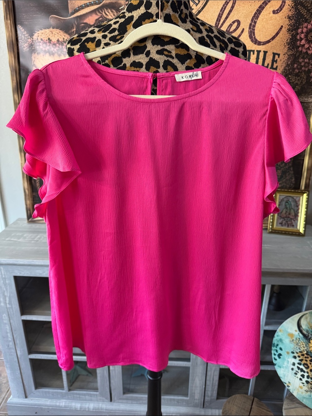 Kori Vibrant Hot Pink Ruffle Sleeve Blouse  Sz XL